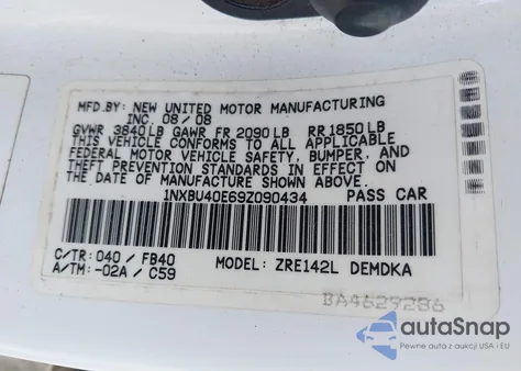 2009 Toyota Corolla из США, поврежденный, VIN 1NXBU40E69Z090434